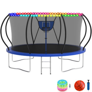 KOFUN Trampoline with Basketball Hoop & Light, 1500lbs 8FT 10FT 12FT 14FT 16FT Trampoline for Adults and Kids, No Gap Design Backyard Trampoline with Enclosure Net, Ladder, A Ball, Blue
