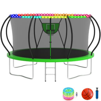 KOFUN Trampoline with Basketball Hoop & Light, 1500lbs 8FT 10FT 12FT 14FT 16FT Trampoline for Adults and Kids, No Gap Design Backyard Trampoline with Enclosure Net, Ladder, A Ball, Green