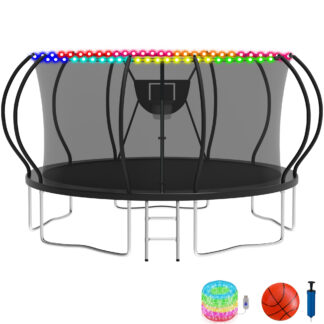 KOFUN Trampoline with Basketball Hoop & Light, 1500lbs 8FT 10FT 12FT 14FT 16FT Trampoline for Adults and Kids, No Gap Design Backyard Trampoline with Enclosure Net, Ladder, A Ball, Black
