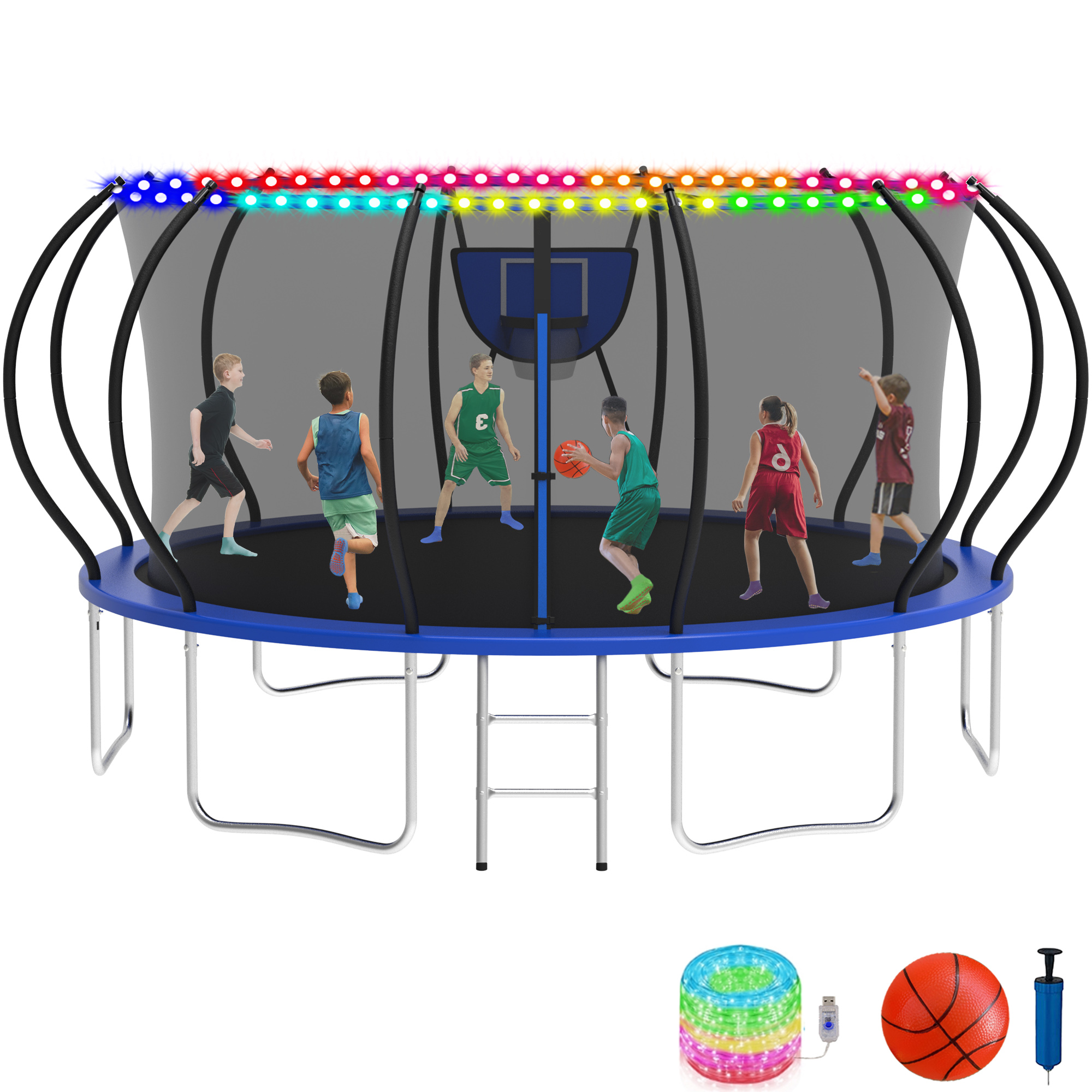 KOFUN 16FT Trampoline with Basketball Hoop & Light, 1500LBS Heavy Duty Trampoline for Adults Capacity for 7-10 Kids, No Gap Design Backyard Trampoline with Enclosure Net, Ladder, A Ball, Blue