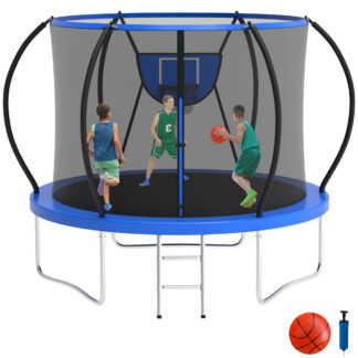 KOFUN 10FT Trampoline with Basketball Hoop, 1000LBS Heavy Duty Trampoline for Adults Capacity for 3-4 Kids, No Gap Design Backyard Trampoline with Enclosure Net, Ladder, A Ball, Blue