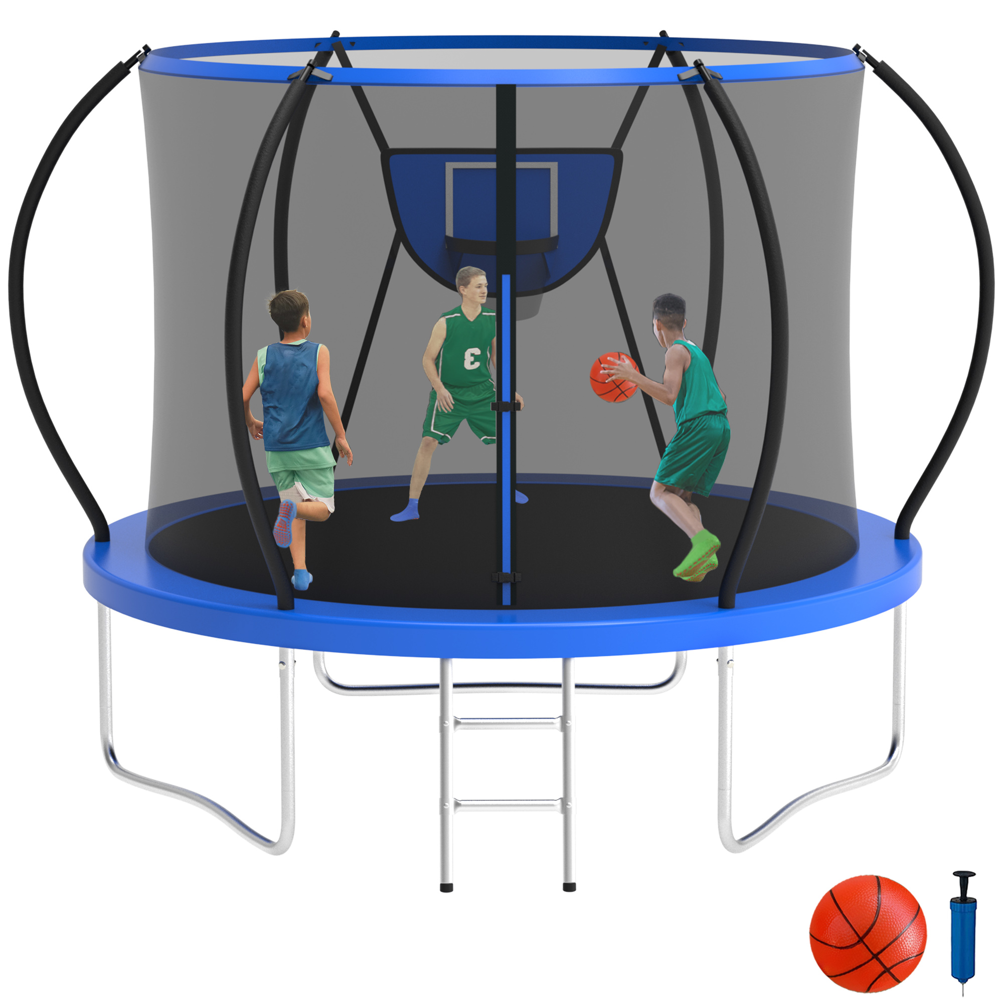 KOFUN 10FT Trampoline with Basketball Hoop, 1000LBS Heavy Duty Trampoline for Adults Capacity for 3-4 Kids, No Gap Design Backyard Trampoline with Enclosure Net, Ladder, A Ball, Blue