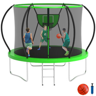 KOFUN 10FT Trampoline with Basketball Hoop, 1000LBS Heavy Duty Trampoline for Adults Capacity for 3-4 Kids, No Gap Design Backyard Trampoline with Enclosure Net, Ladder, A Ball, Green