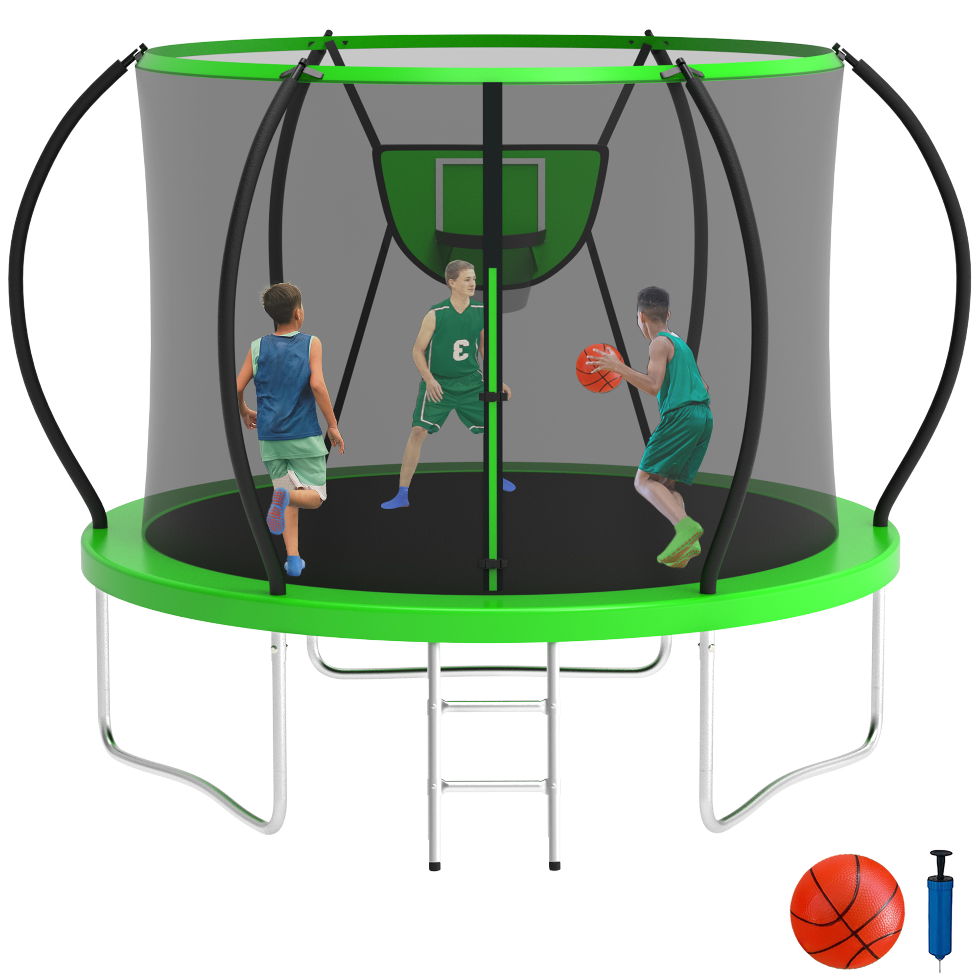 KOFUN 10FT Trampoline with Basketball Hoop, 1000LBS Heavy Duty Trampoline for Adults Capacity for 3-4 Kids, No Gap Design Backyard Trampoline with Enclosure Net, Ladder, A Ball, Green