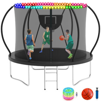 KOFUN 10FT Trampoline with Basketball Hoop & Light, 1000LBS Heavy Duty Trampoline for Adults Capacity for 3-4 Kids, No Gap Design Backyard Trampoline with Enclosure Net, Ladder, A Ball, Black