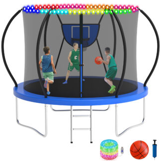 KOFUN 10FT Trampoline with Basketball Hoop & Light, 1000LBS Heavy Duty Trampoline for Adults Capacity for 3-4 Kids, No Gap Design Backyard Trampoline with Enclosure Net, Ladder, A Ball, Blue