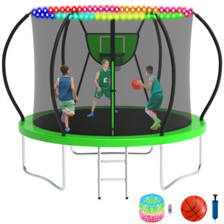 KOFUN 10FT Trampoline with Basketball Hoop & Light, 1000LBS Heavy Duty Trampoline for Adults Capacity for 3-4 Kids, No Gap Design Backyard Trampoline with Enclosure Net, Ladder, A Ball, Green
