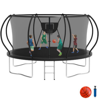 KOFUN 12FT Trampoline with Basketball Hoop, 1200LBS Heavy Duty Trampoline for Adults Capacity for 4-5 Kids, No Gap Design Backyard Trampoline with Enclosure Net, Ladder, A Ball, Black