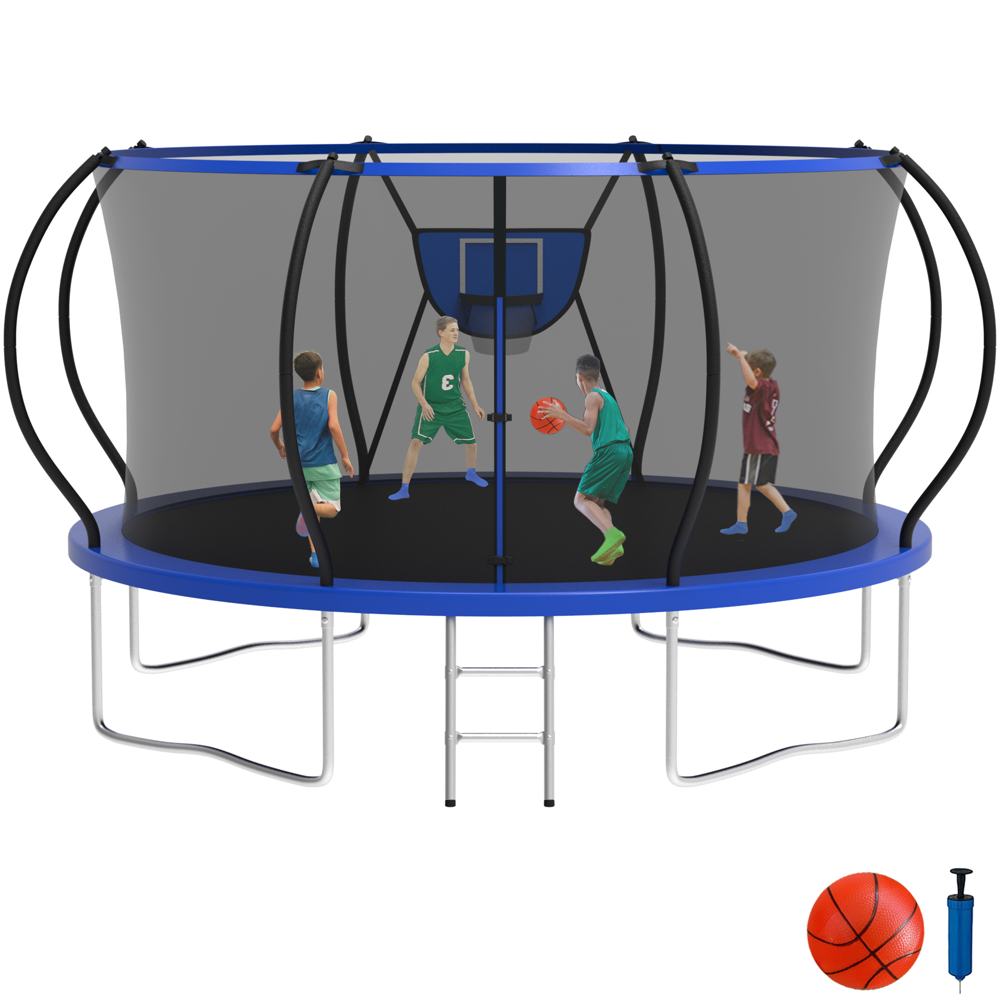 KOFUN 12FT Trampoline with Basketball Hoop, 1200LBS Heavy Duty Trampoline for Adults Capacity for 4-5 Kids, No Gap Design Backyard Trampoline with Enclosure Net, Ladder, A Ball, Blue