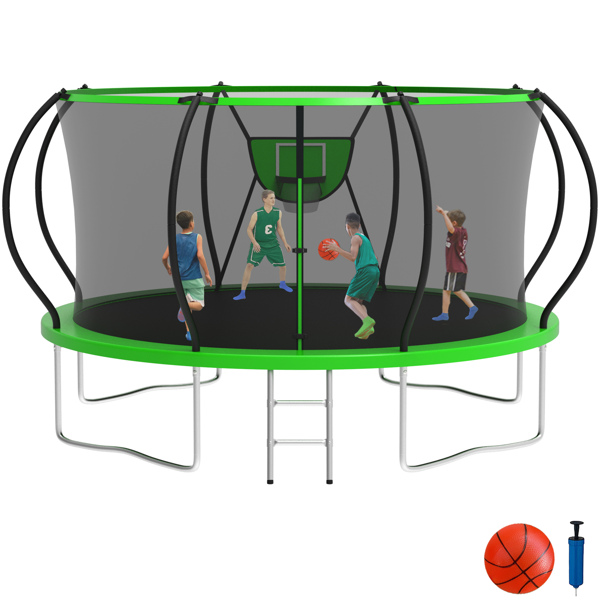 KOFUN 12FT Trampoline with Basketball Hoop, 1200LBS Heavy Duty Trampoline for Adults Capacity for 4-5 Kids, No Gap Design Backyard Trampoline with Enclosure Net, Ladder, A Ball, Green
