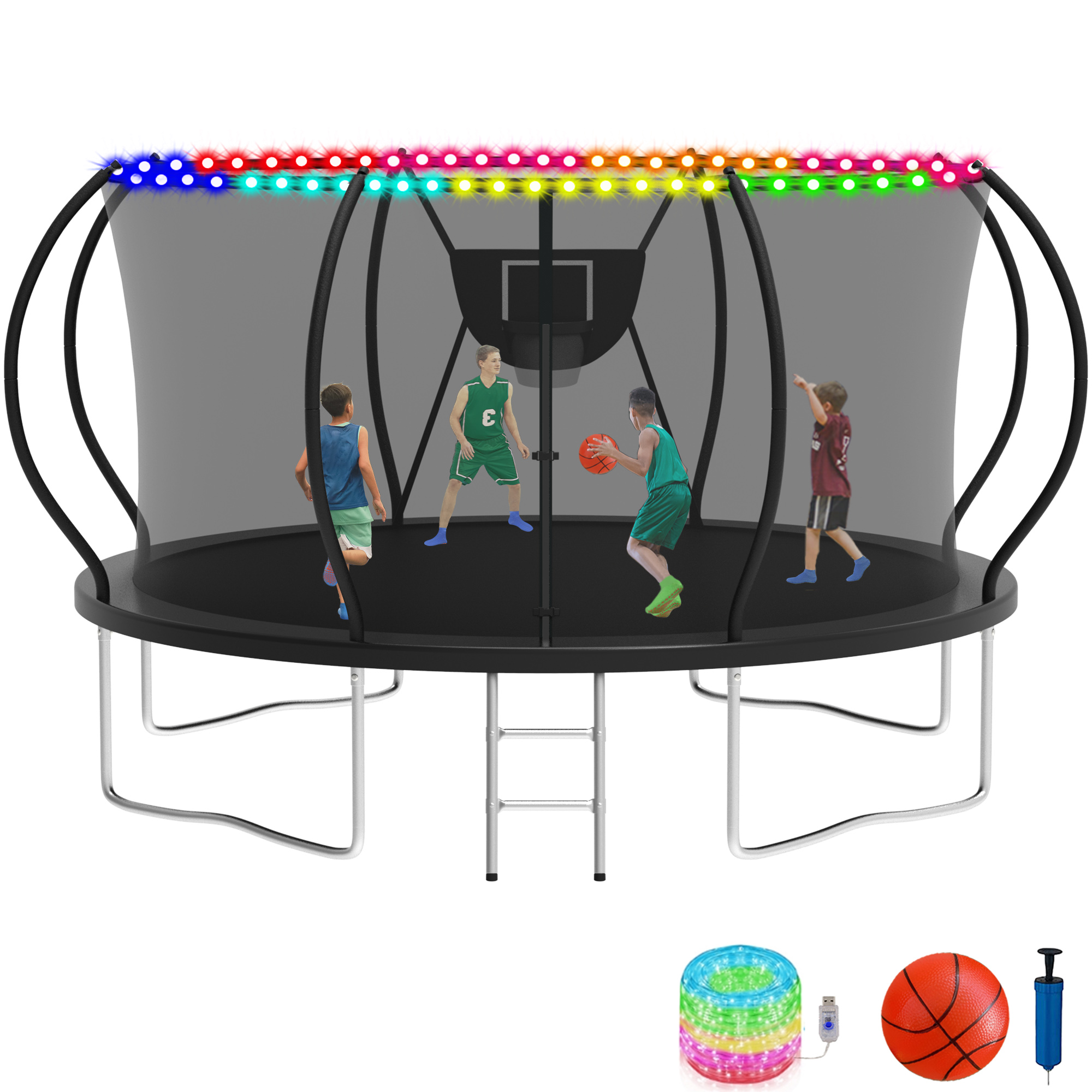 KOFUN 12FT Trampoline with Basketball Hoop & Light, 1200LBS Heavy Duty Trampoline for Adults Capacity for 4-5 Kids, No Gap Design Backyard Trampoline with Enclosure Net, Ladder, A Ball, Black