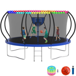 KOFUN 12FT Trampoline with Basketball Hoop & Light, 1200LBS Heavy Duty Trampoline for Adults Capacity for 4-5 Kids, No Gap Design Backyard Trampoline with Enclosure Net, Ladder, A Ball, Blue