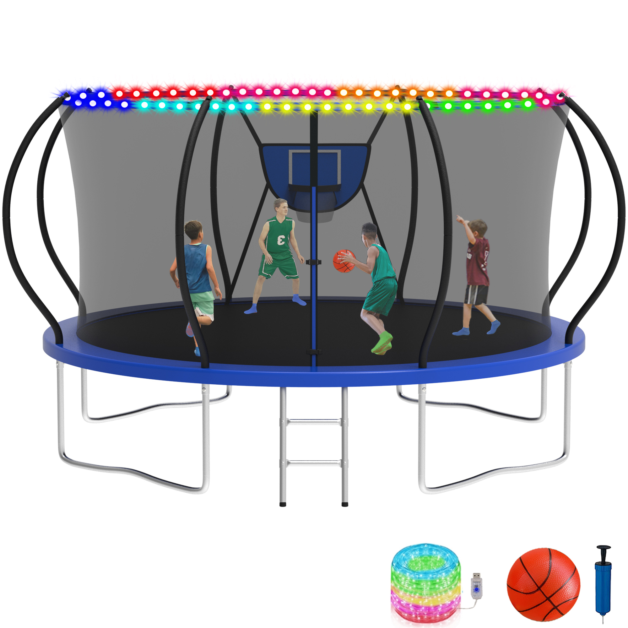 KOFUN 12FT Trampoline with Basketball Hoop & Light, 1200LBS Heavy Duty Trampoline for Adults Capacity for 4-5 Kids, No Gap Design Backyard Trampoline with Enclosure Net, Ladder, A Ball, Blue