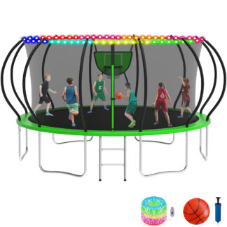 KOFUN 16FT Trampoline with Basketball Hoop & Light, 1500LBS Heavy Duty Trampoline for Adults Capacity for 7-10 Kids, No Gap Design Backyard Trampoline with Enclosure Net, Ladder, A Ball, Green
