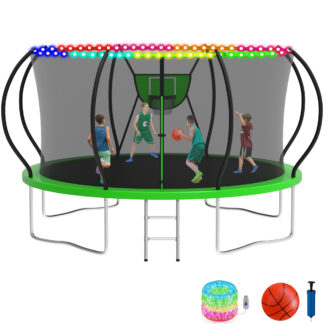 KOFUN 12FT Trampoline with Basketball Hoop & Light, 1200LBS Heavy Duty Trampoline for Adults Capacity for 4-5 Kids, No Gap Design Backyard Trampoline with Enclosure Net, Ladder, A Ball, Green