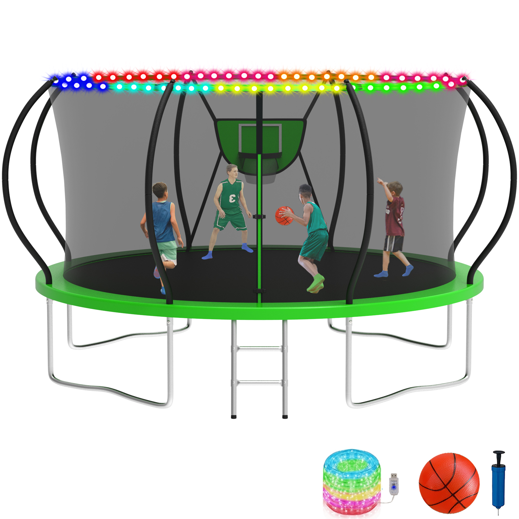 KOFUN 12FT Trampoline with Basketball Hoop & Light, 1200LBS Heavy Duty Trampoline for Adults Capacity for 4-5 Kids, No Gap Design Backyard Trampoline with Enclosure Net, Ladder, A Ball, Green