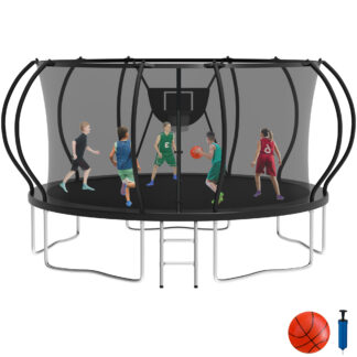 KOFUN 14FT Trampoline with Basketball Hoop, 1400LBS Heavy Duty Trampoline for Adults Capacity for 5-6 Kids, No Gap Design Backyard Trampoline with Enclosure Net, Ladder, A Ball, Black