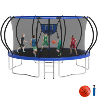 KOFUN 14FT Trampoline with Basketball Hoop, 1400LBS Heavy Duty Trampoline for Adults Capacity for 5-6 Kids, No Gap Design Backyard Trampoline with Enclosure Net, Ladder, A Ball, Blue