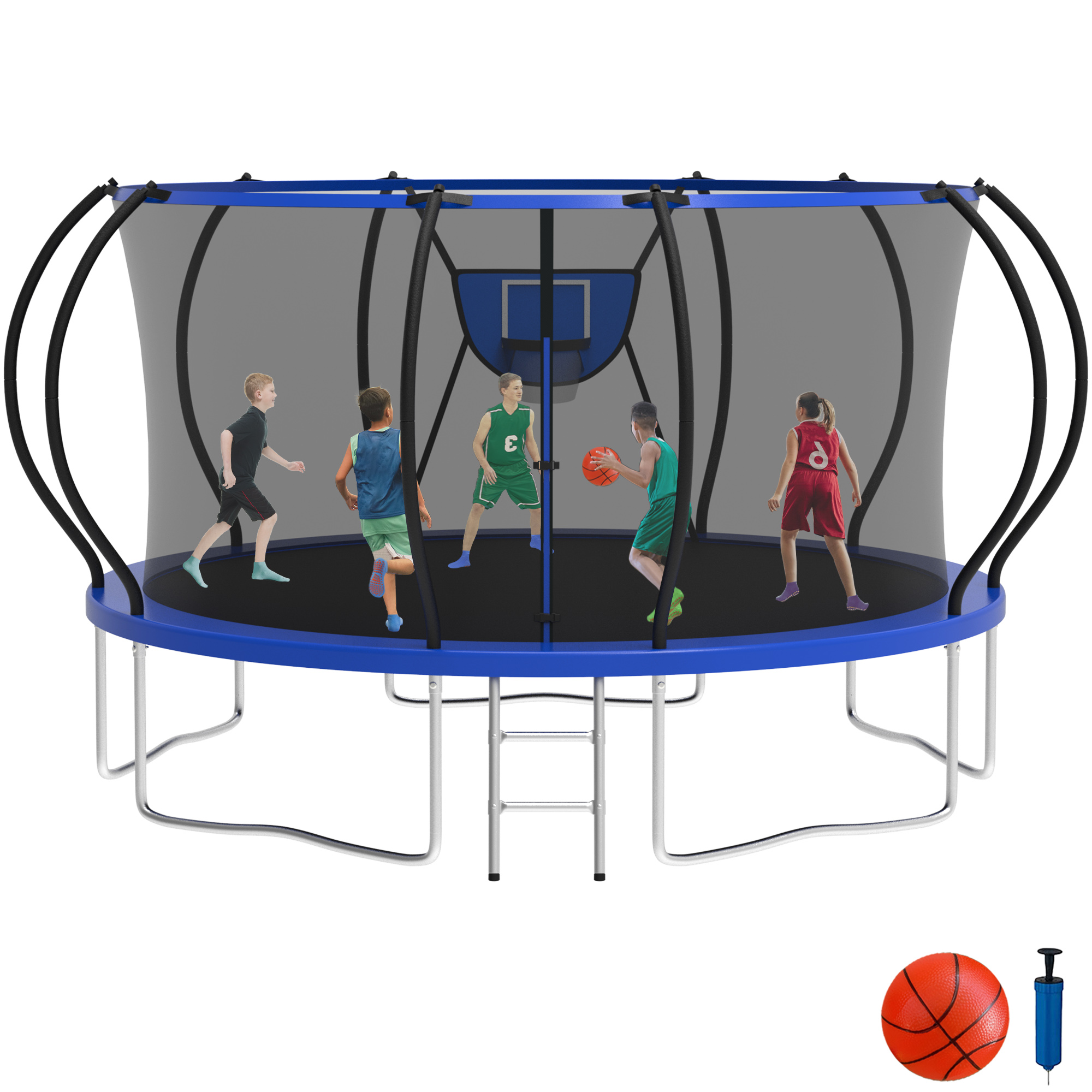 KOFUN 14FT Trampoline with Basketball Hoop, 1400LBS Heavy Duty Trampoline for Adults Capacity for 5-6 Kids, No Gap Design Backyard Trampoline with Enclosure Net, Ladder, A Ball, Blue