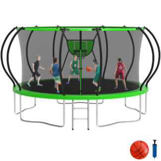 KOFUN 14FT Trampoline with Basketball Hoop, 1400LBS Heavy Duty Trampoline for Adults Capacity for 5-6 Kids, No Gap Design Backyard Trampoline with Enclosure Net, Ladder, A Ball, Green