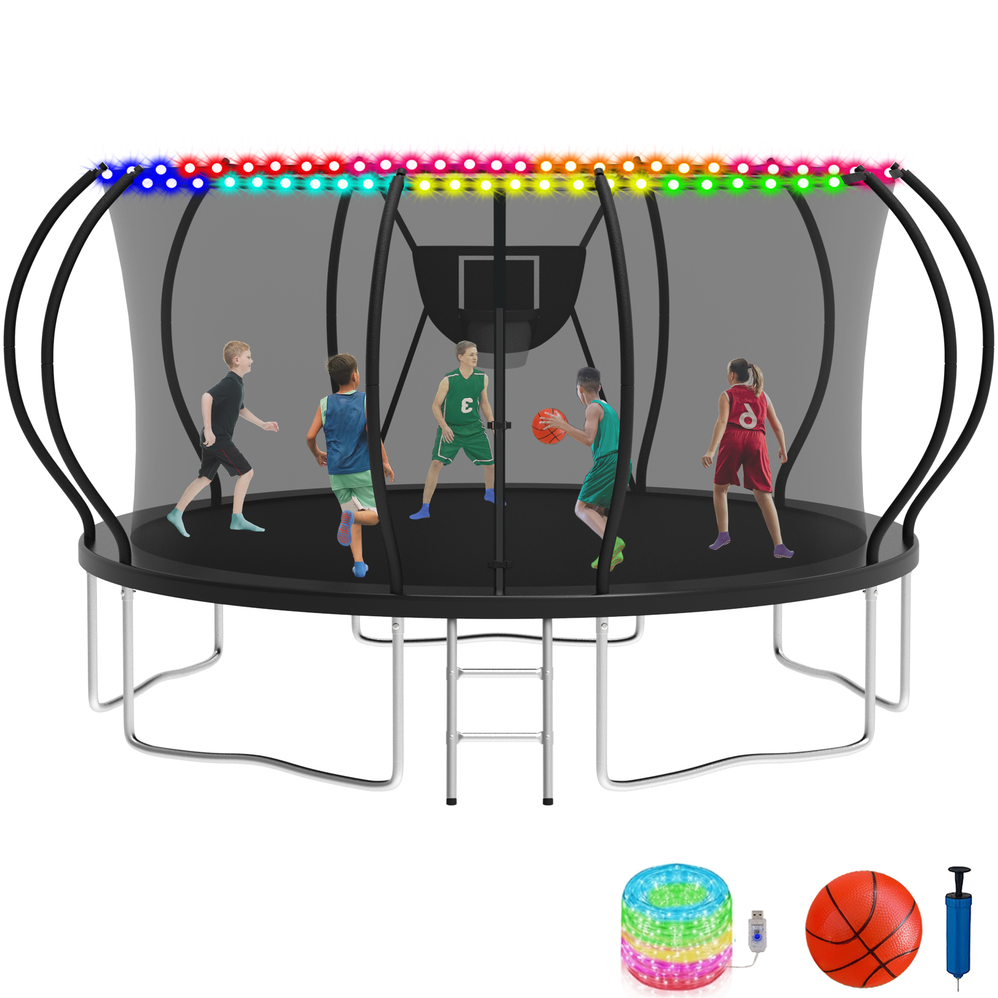 KOFUN 14FT Trampoline with Basketball Hoop & Light, 1400LBS Heavy Duty Trampoline for Adults Capacity for 5-6 Kids, No Gap Design Backyard Trampoline with Enclosure Net, Ladder, A Ball, Black