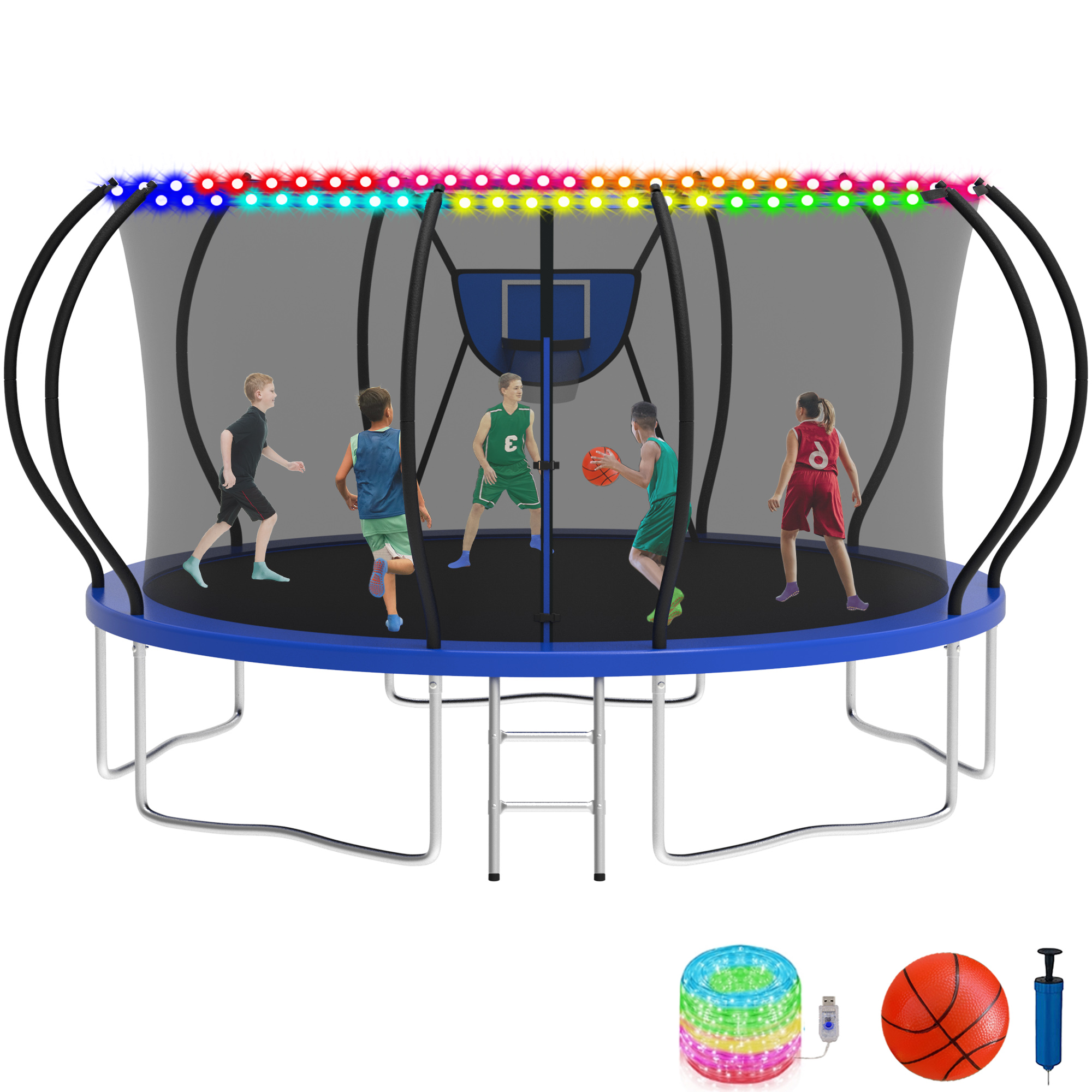 KOFUN 14FT Trampoline with Basketball Hoop & Light, 1400LBS Heavy Duty Trampoline for Adults Capacity for 5-6 Kids, No Gap Design Backyard Trampoline with Enclosure Net, Ladder, A Ball, Blue
