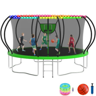 KOFUN 14FT Trampoline with Basketball Hoop & Light, 1400LBS Heavy Duty Trampoline for Adults Capacity for 5-6 Kids, No Gap Design Backyard Trampoline with Enclosure Net, Ladder, A Ball, Green