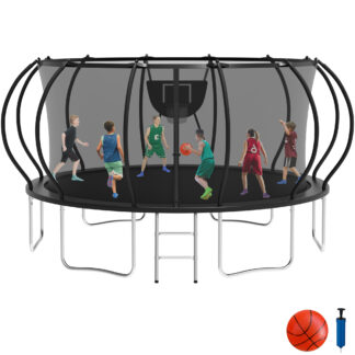 KOFUN 16FT Trampoline with Basketball Hoop, 1500LBS Heavy Duty Trampoline for Adults Capacity for 7-10 Kids, No Gap Design Backyard Trampoline with Enclosure Net, Ladder, A Ball, Black