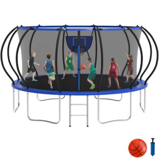 KOFUN 16FT Trampoline with Basketball Hoop, 1500LBS Heavy Duty Trampoline for Adults Capacity for 7-10 Kids, No Gap Design Backyard Trampoline with Enclosure Net, Ladder, A Ball, Blue