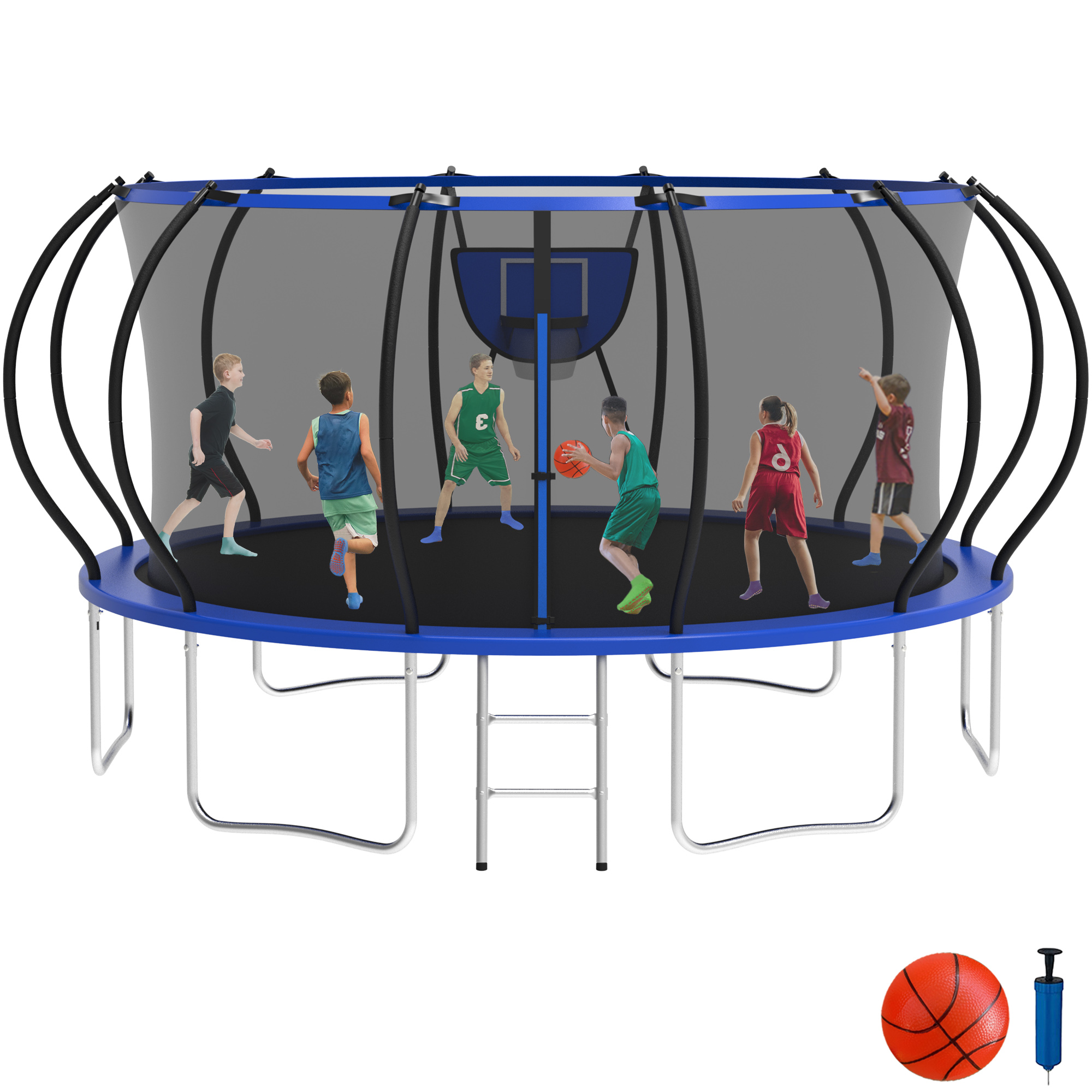 KOFUN 16FT Trampoline with Basketball Hoop, 1500LBS Heavy Duty Trampoline for Adults Capacity for 7-10 Kids, No Gap Design Backyard Trampoline with Enclosure Net, Ladder, A Ball, Blue
