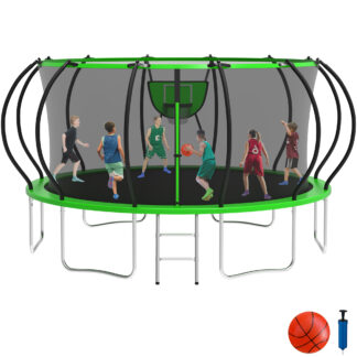 KOFUN 16FT Trampoline with Basketball Hoop, 1500LBS Heavy Duty Trampoline for Adults Capacity for 7-10 Kids, No Gap Design Backyard Trampoline with Enclosure Net, Ladder, A Ball, Green