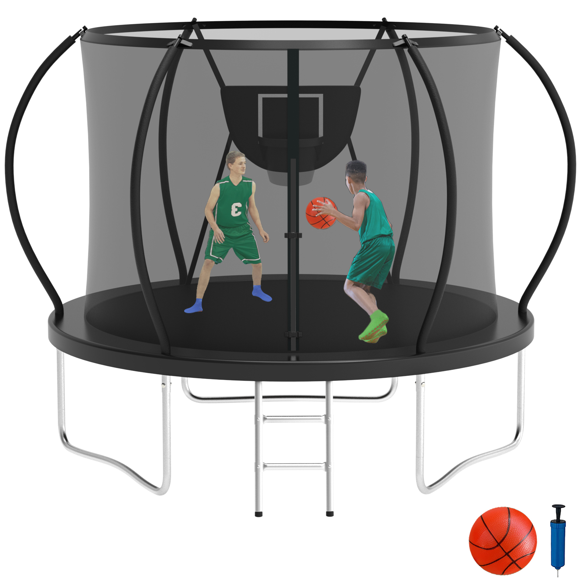 KOFUN 8FT Trampoline with Basketball Hoop, 800LBS Heavy Duty Trampoline for Adults Capacity for 1-2 Kids, No Gap Design Backyard Trampoline with Enclosure Net, Ladder, A Ball, Black