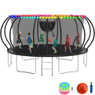 KOFUN 16FT Trampoline with Basketball Hoop & Light, 1500LBS Heavy Duty Trampoline for Adults Capacity for 7-10 Kids, No Gap Design Backyard Trampoline with Enclosure Net, Ladder, A Ball, Black