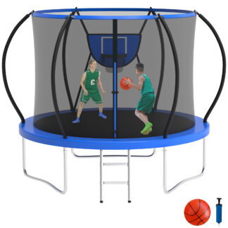 KOFUN 8FT Trampoline with Basketball Hoop, 800LBS Heavy Duty Trampoline for Adults Capacity for 1-2 Kids, No Gap Design Backyard Trampoline with Enclosure Net, Ladder, A Ball, Blue