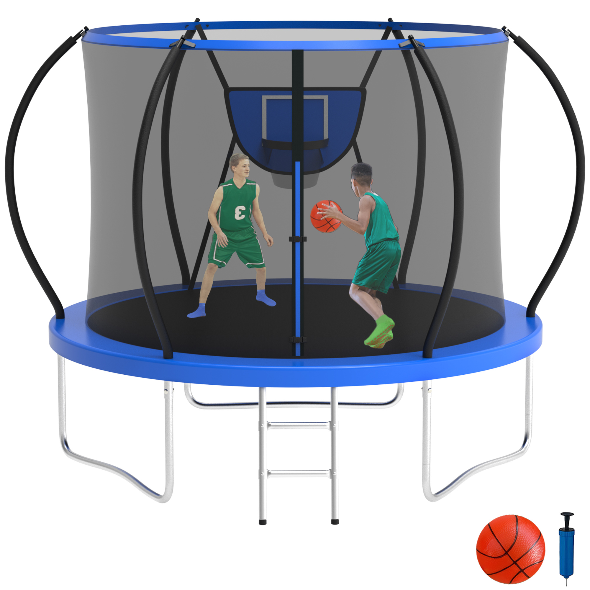 KOFUN 8FT Trampoline with Basketball Hoop, 800LBS Heavy Duty Trampoline for Adults Capacity for 1-2 Kids, No Gap Design Backyard Trampoline with Enclosure Net, Ladder, A Ball, Blue