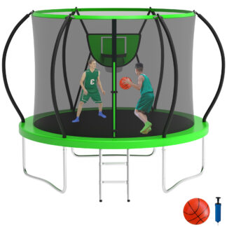 KOFUN 8FT Trampoline with Basketball Hoop, 800LBS Heavy Duty Trampoline for Adults Capacity for 1-2 Kids, No Gap Design Backyard Trampoline with Enclosure Net, Ladder, A Ball, Green