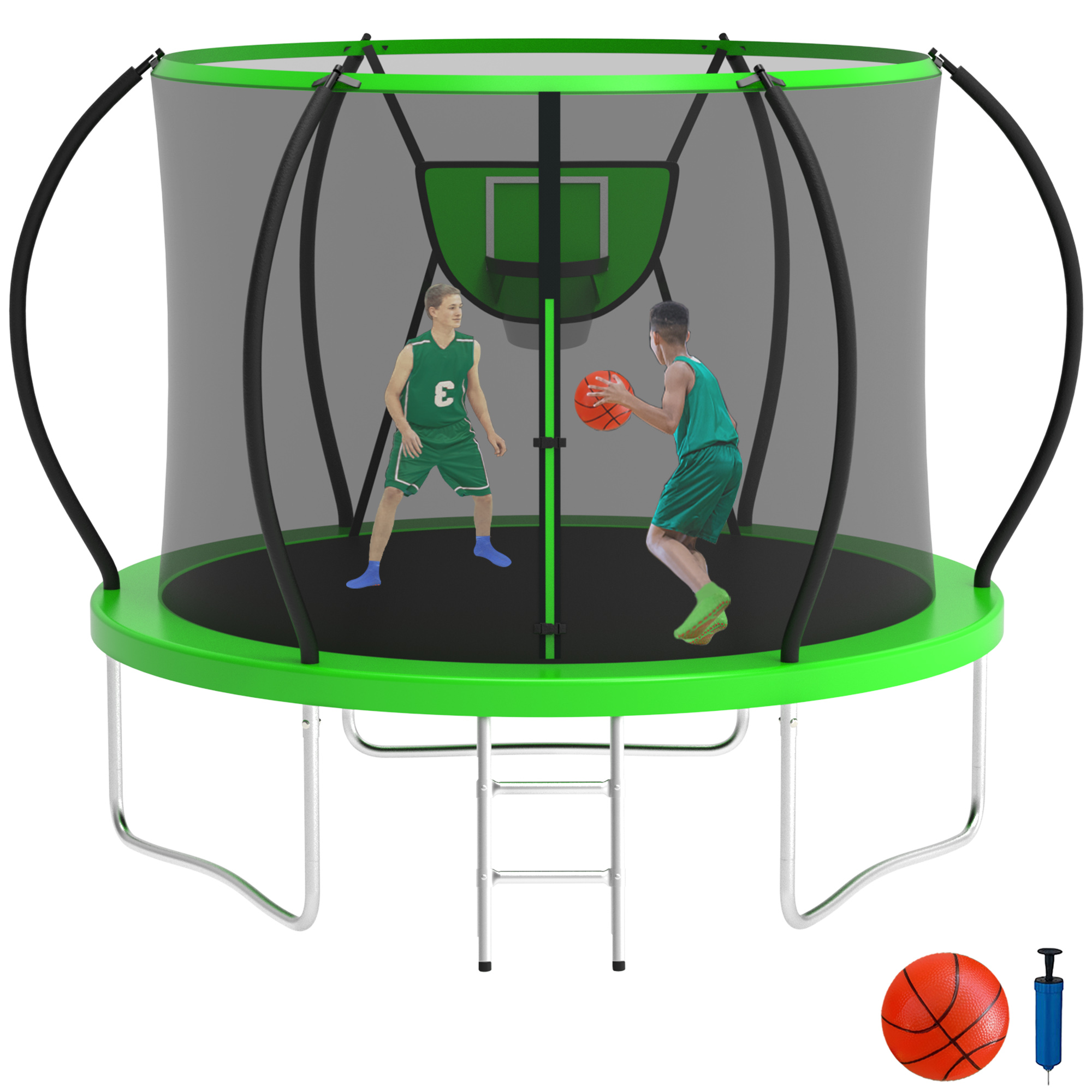 KOFUN 8FT Trampoline with Basketball Hoop, 800LBS Heavy Duty Trampoline for Adults Capacity for 1-2 Kids, No Gap Design Backyard Trampoline with Enclosure Net, Ladder, A Ball, Green