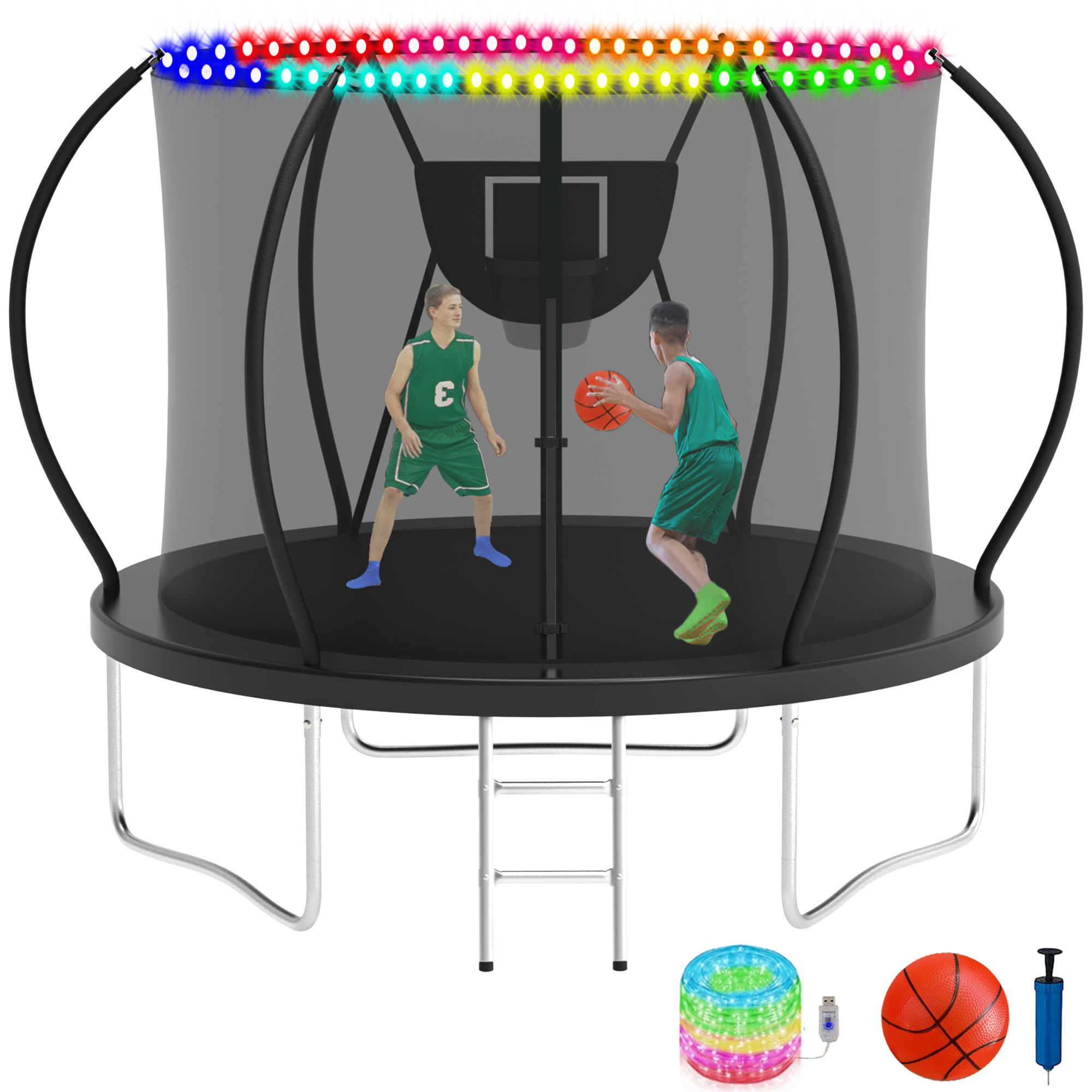 KOFUN 8FT Trampoline with Basketball Hoop & Light, 800LBS Heavy Duty Trampoline for Adults Capacity for 1-2 Kids, No Gap Design Backyard Trampoline with Enclosure Net, Ladder, A Ball, Black
