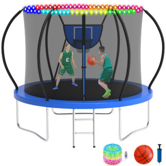 KOFUN 8FT Trampoline with Basketball Hoop & Light, 800LBS Heavy Duty Trampoline for Adults Capacity for 1-2 Kids, No Gap Design Backyard Trampoline with Enclosure Net, Ladder, A Ball, Blue