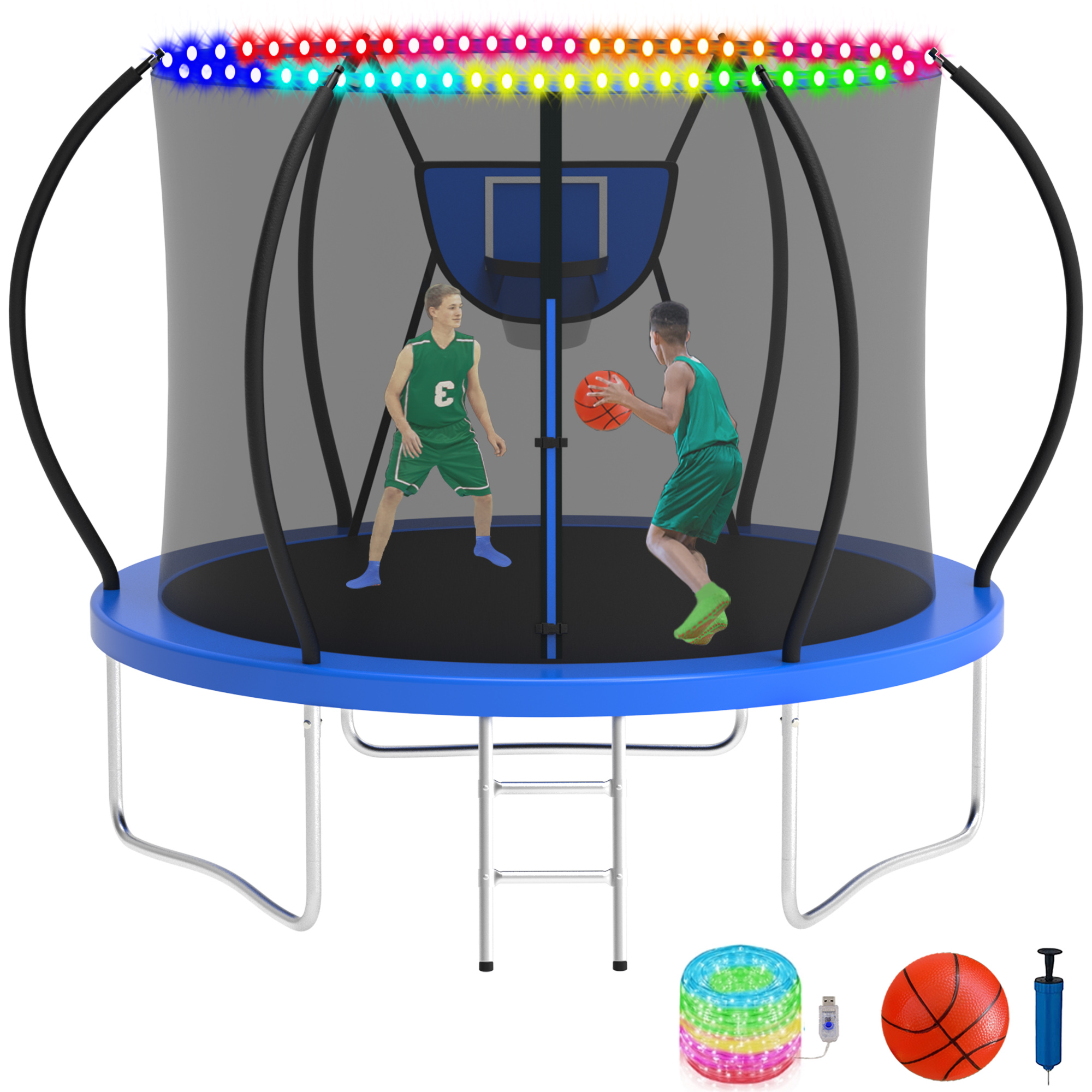 KOFUN 8FT Trampoline with Basketball Hoop & Light, 800LBS Heavy Duty Trampoline for Adults Capacity for 1-2 Kids, No Gap Design Backyard Trampoline with Enclosure Net, Ladder, A Ball, Blue