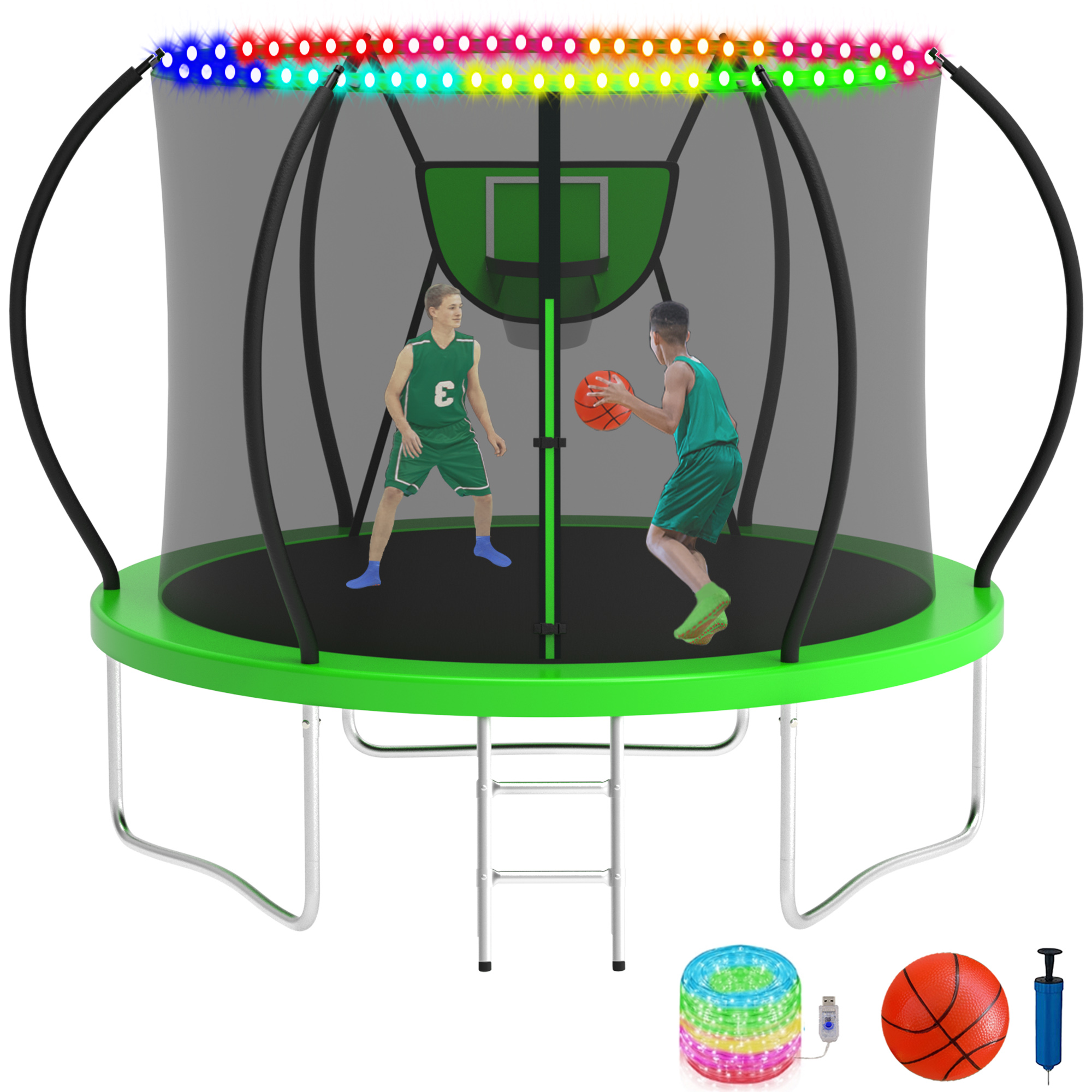 KOFUN 8FT Trampoline with Basketball Hoop & Light, 800LBS Heavy Duty Trampoline for Adults Capacity for 1-2 Kids, No Gap Design Backyard Trampoline with Enclosure Net, Ladder, A Ball, Green