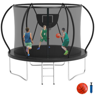 KOFUN 10FT Trampoline with Basketball Hoop, 1000LBS Heavy Duty Trampoline for Adults Capacity for 3-4 Kids, No Gap Design Backyard Trampoline with Enclosure Net, Ladder, A Ball, Black