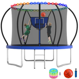 KOFUN 8FT Trampoline for Kids and Adults, Recreational Trampoline with Basketball Hoop and Ladder, Outdoor Backyard Trampoline with Enclosure Net, Light, 800LBS Capacity, Easy to Install, Blue