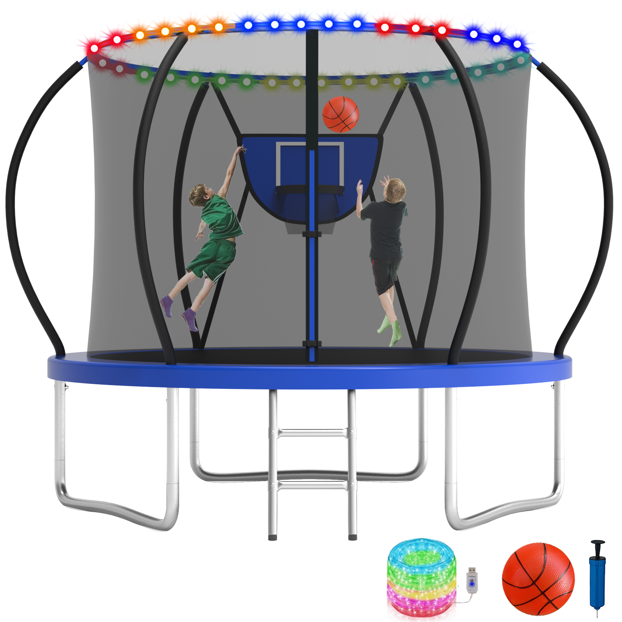 KOFUN 8FT Trampoline for Kids and Adults, Recreational Trampoline with Basketball Hoop and Ladder, Outdoor Backyard Trampoline with Enclosure Net, Light, 800LBS Capacity, Easy to Install, Blue