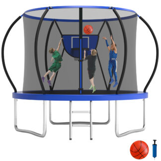 KOFUN 10FT Trampoline for Kids and Adults, Recreational Trampoline with Basketball Hoop and Ladder, Outdoor Backyard Trampoline with Enclosure Net, 1000LBS Capacity, Easy to Install, Blue