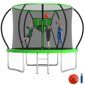 KOFUN 10FT Trampoline for Kids and Adults, Recreational Trampoline with Basketball Hoop and Ladder, Outdoor Backyard Trampoline with Enclosure Net, 1000LBS Capacity, Easy to Install, Green