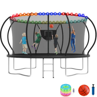 KOFUN 12FT Trampoline for Kids and Adults, Recreational Trampoline with Basketball Hoop and Ladder, Outdoor Backyard Trampoline with Enclosure Net, Light, 1200LBS Capacity, Easy to Install, Black