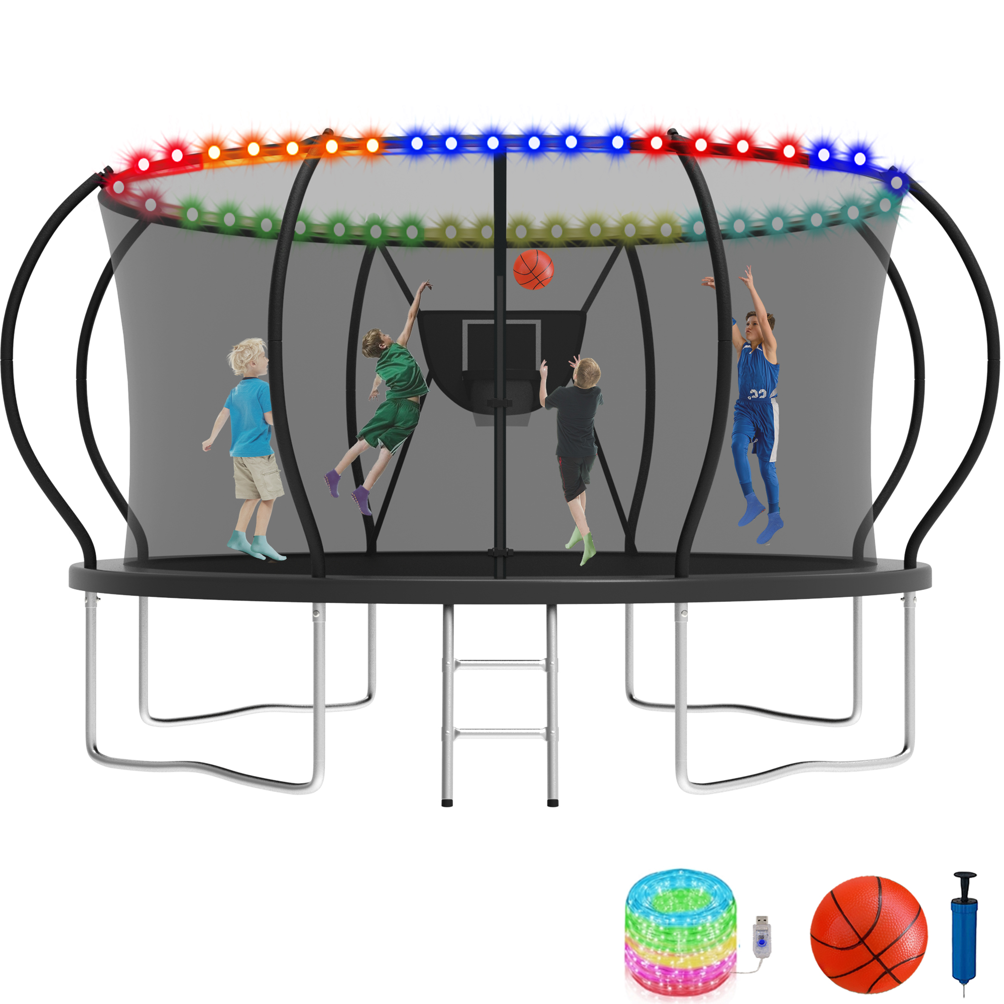 KOFUN 12FT Trampoline for Kids and Adults, Recreational Trampoline with Basketball Hoop and Ladder, Outdoor Backyard Trampoline with Enclosure Net, Light, 1200LBS Capacity, Easy to Install, Black