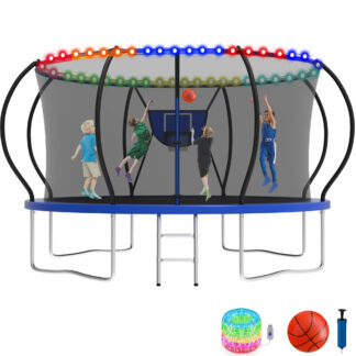 KOFUN 12FT Trampoline for Kids and Adults, Recreational Trampoline with Basketball Hoop and Ladder, Outdoor Backyard Trampoline with Enclosure Net, Light, 1200LBS Capacity, Easy to Install, Blue