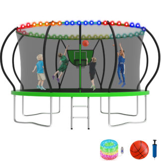 KOFUN 12FT Trampoline for Kids and Adults, Recreational Trampoline with Basketball Hoop and Ladder, Outdoor Backyard Trampoline with Enclosure Net, Light, 1200LBS Capacity, Easy to Install, Green